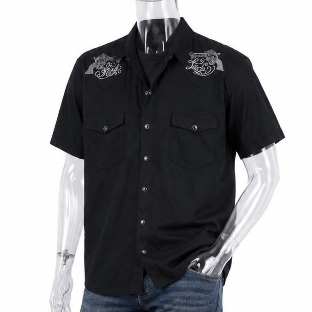 BeRetro Hard Luck Revolver Embroidered Western Pearl Snap Shirt SKUM089
